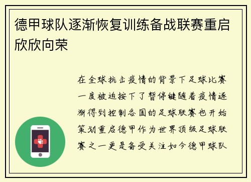 德甲球队逐渐恢复训练备战联赛重启欣欣向荣