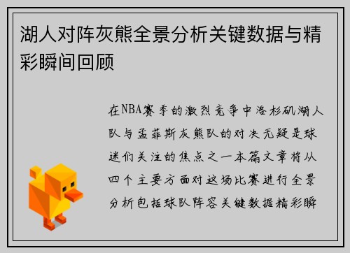 湖人对阵灰熊全景分析关键数据与精彩瞬间回顾