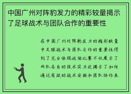 中国广州对阵豹发力的精彩较量揭示了足球战术与团队合作的重要性