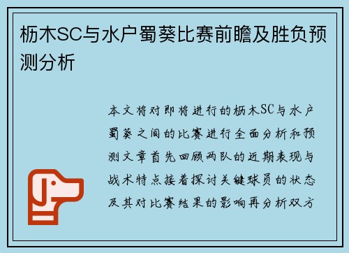 枥木SC与水户蜀葵比赛前瞻及胜负预测分析