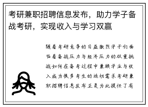 考研兼职招聘信息发布，助力学子备战考研，实现收入与学习双赢