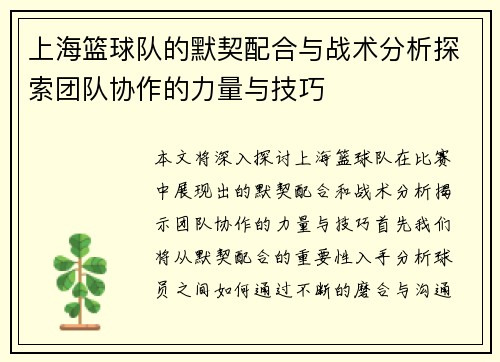 上海篮球队的默契配合与战术分析探索团队协作的力量与技巧