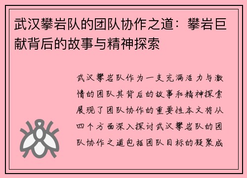 武汉攀岩队的团队协作之道：攀岩巨献背后的故事与精神探索