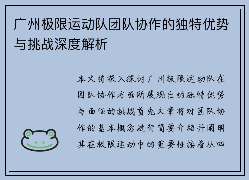 广州极限运动队团队协作的独特优势与挑战深度解析
